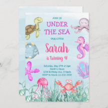 Blauwgroen Waterverf onder de zee Birthday Invitat