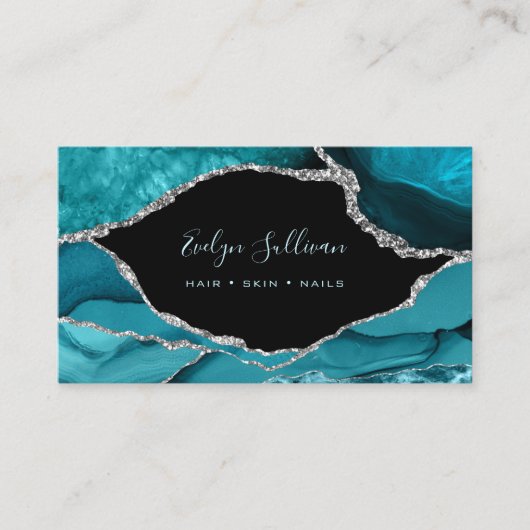 blauwgroen waterverf op zwart visitekaartje (Voorkant)