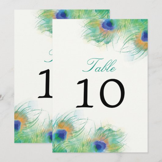 Blauwgroen Waterverf Peacock Feather | Tabelnummer Kaart (Voorkant / Achterkant)