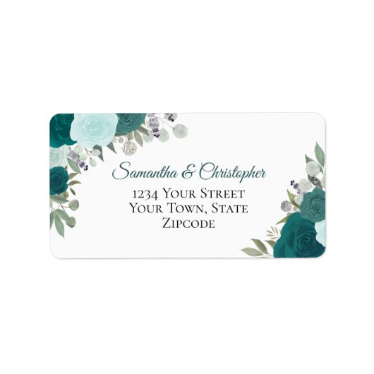 Blauwgroen Waterverf Rozen Elegant Wedding Address Etiket (Voorkant)