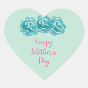 Blauwgroen Waterverf Rozen Happy Moederdag Hart Sticker