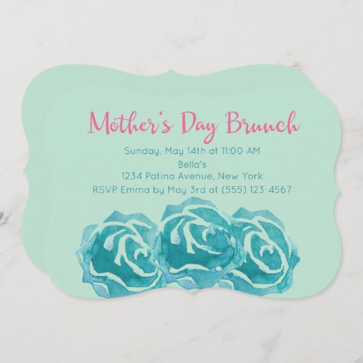 Blauwgroen Waterverf Rozen Moederdag Brunch Kaart (Voorkant / Achterkant)