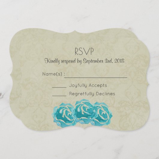 Blauwgroen Waterverf Rozen op Tan Damask Wedding R Kaart (Voorkant / Achterkant)