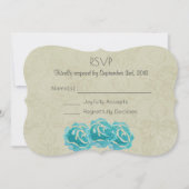 Blauwgroen Waterverf Rozen op Tan Damask Wedding R Kaart (Voorkant)