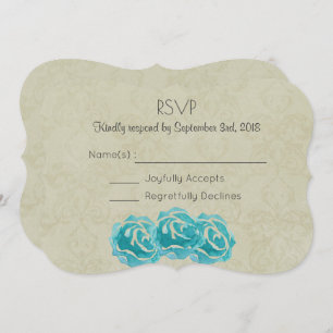 Blauwgroen Waterverf Rozen op Tan Damask Wedding R Kaart