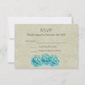 Blauwgroen Waterverf Rozen op Tan Damask Wedding R RSVP Kaartje (Voorkant)