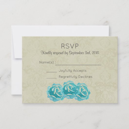Blauwgroen Waterverf Rozen op Tan Damask Wedding R RSVP Kaartje (Voorkant)