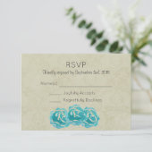 Blauwgroen Waterverf Rozen op Tan Damask Wedding R RSVP Kaartje (Staand voorkant)
