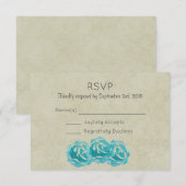 Blauwgroen Waterverf Rozen op Tan Damask Wedding R RSVP Kaartje (Voorkant / Achterkant)