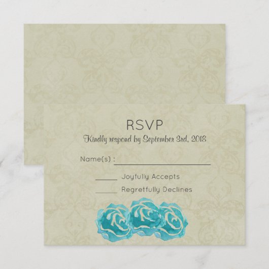 Blauwgroen Waterverf Rozen op Tan Damask Wedding R RSVP Kaartje (Voorkant / Achterkant)