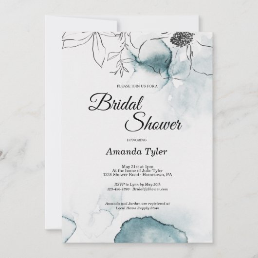 Blauwgroen Waterverf Schets Bridal Shower Uitnodig Kaart (Voorkant)