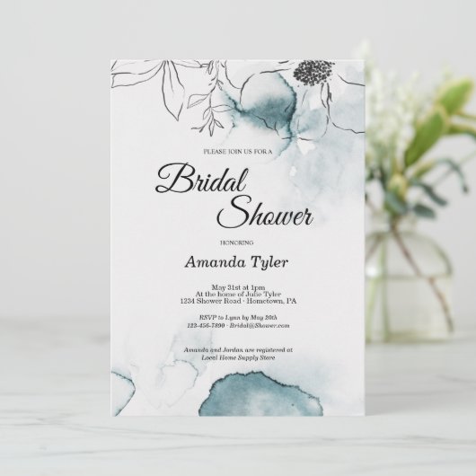 Blauwgroen Waterverf Schets Bridal Shower Uitnodig Kaart (Staand voorkant)