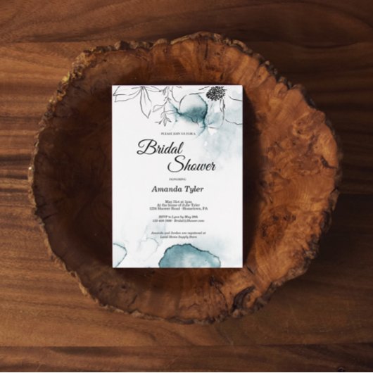 Blauwgroen Waterverf Schets Bridal Shower Uitnodig Kaart