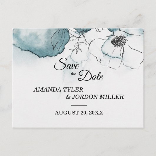 Blauwgroen Waterverf Schets Weddenschap Opslaan Da Aankondigingskaart (Voorkant)