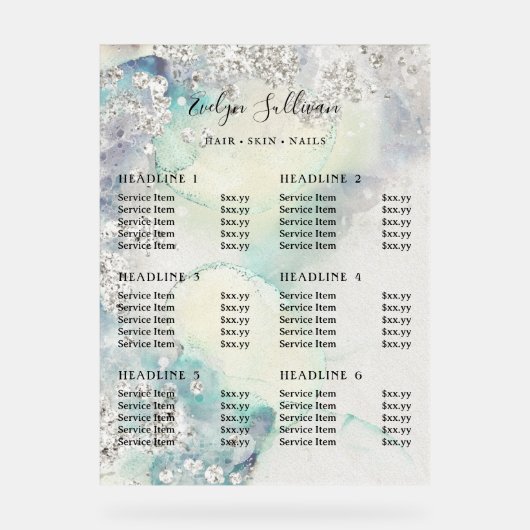 Blauwgroen Waterverf Silver Glitter prijslijst Acryl Bord (Voorkant)