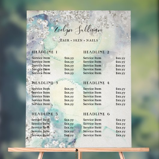 Blauwgroen Waterverf Silver Glitter prijslijst Acryl Bord (Neutraal)