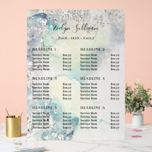 Blauwgroen Waterverf Silver Glitter prijslijst Acryl Bord (Huwelijk)