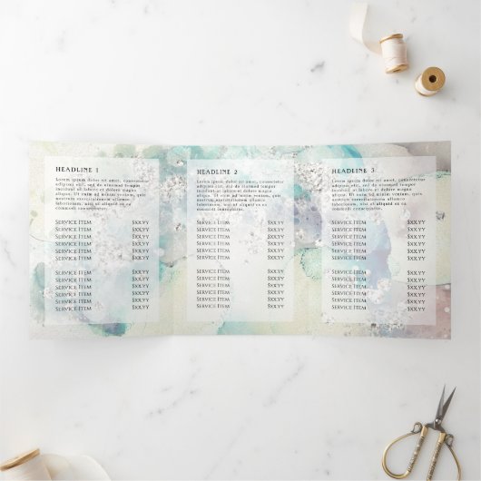 Blauwgroen waterverf Silver Glitter Trifold brochu Drieluik Kaart (Binnen)