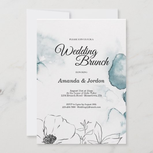 Blauwgroen Waterverf Sketch Wedding Brunch Uitnodi Kaart (Voorkant)
