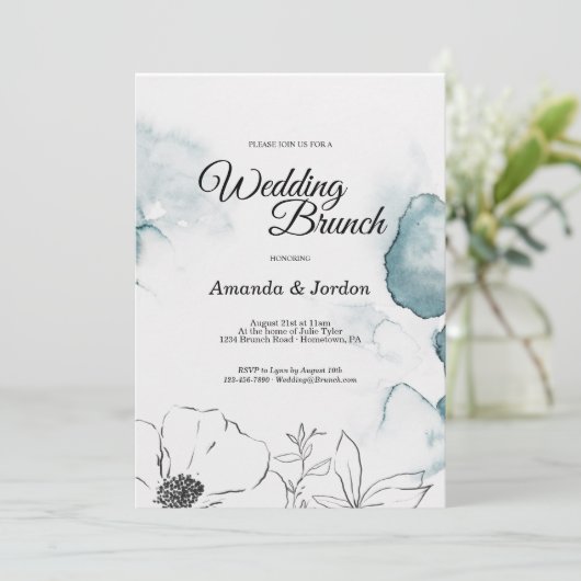 Blauwgroen Waterverf Sketch Wedding Brunch Uitnodi Kaart (Staand voorkant)