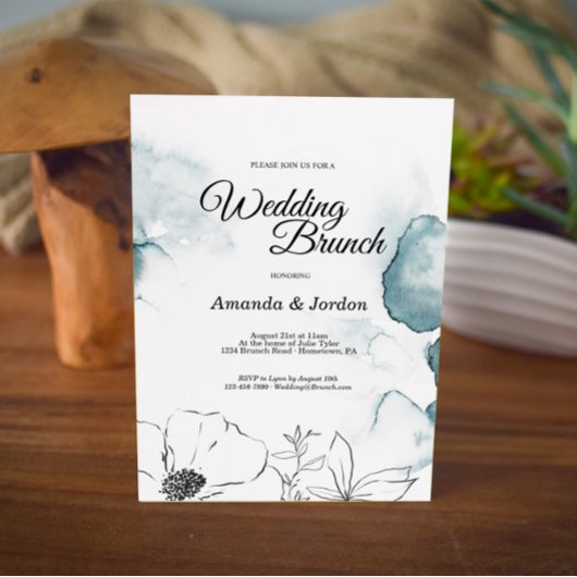 Blauwgroen Waterverf Sketch Wedding Brunch Uitnodi Kaart