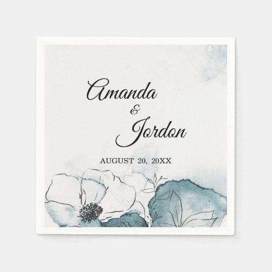 Blauwgroen Waterverf Sketch Wedding Cocktail Napki Servet (Voorkant)
