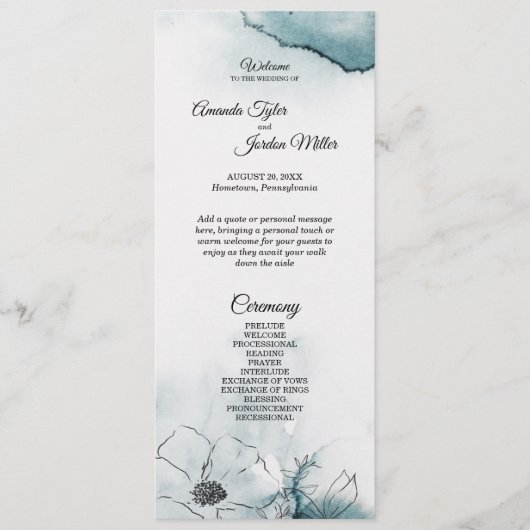 Blauwgroen Waterverf Sketch Wedding Program Programmakaart (Voorkant)
