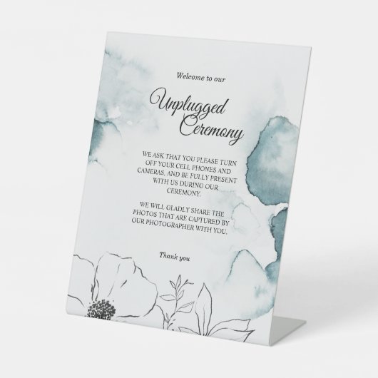 Blauwgroen Waterverf Sketch Wedding Unplugged Cere Reclamebord Met Voetstuk (Voorkant)