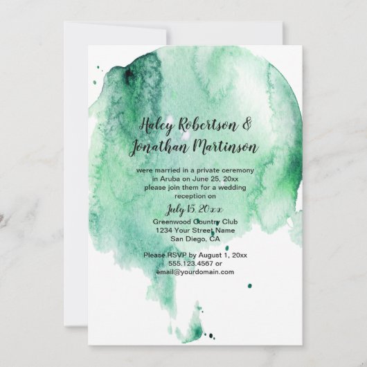 Blauwgroen Waterverf Splash Receptie Uitnodiging (Voorkant)