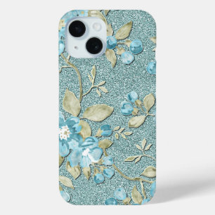Blauwgroen Waterverf Turquoise Floral Pattern iPhone 15 Case