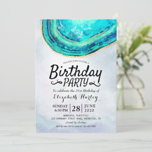 Blauwgroen Waterverf van Birthday Party & Gold Aga Kaart (Staand voorkant)