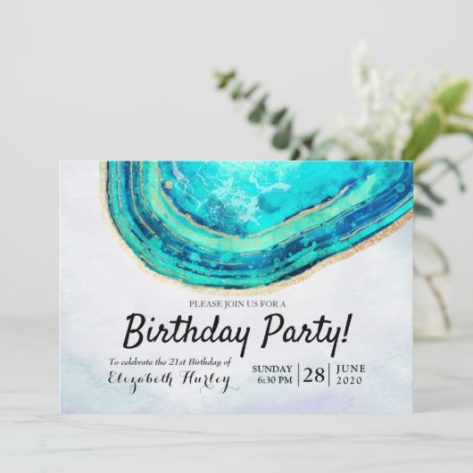 Blauwgroen Waterverf van Birthday Party & Gold Aga Kaart (Staand voorkant)