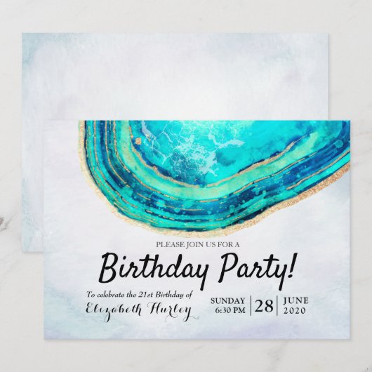 Blauwgroen Waterverf van Birthday Party & Gold Aga Kaart (Voorkant / Achterkant)