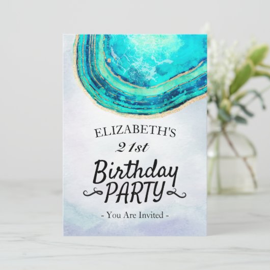 Blauwgroen Waterverf van Birthday Party & Gold Aga Kaart (Staand voorkant)