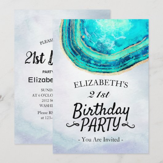 Blauwgroen Waterverf van Birthday Party & Gold Aga Kaart (Voorkant / Achterkant)