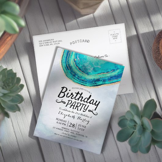 Blauwgroen Waterverf van Birthday Party & Gold Aga Uitnodiging Briefkaart