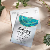 Blauwgroen Waterverf van Birthday Party & Gold Aga Uitnodiging Briefkaart