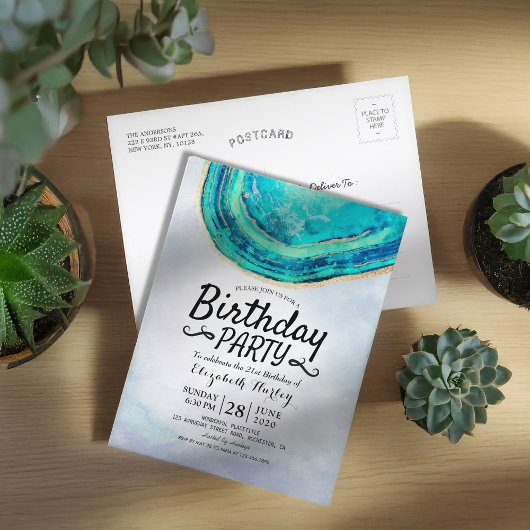 Blauwgroen Waterverf van Birthday Party & Gold Aga Uitnodiging Briefkaart