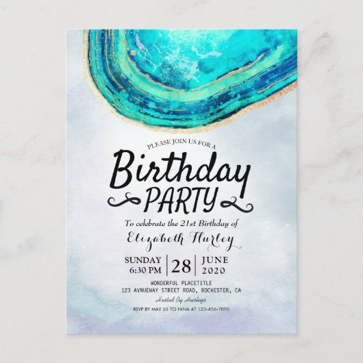 Blauwgroen Waterverf van Birthday Party & Gold Aga Uitnodiging Briefkaart (Voorkant)