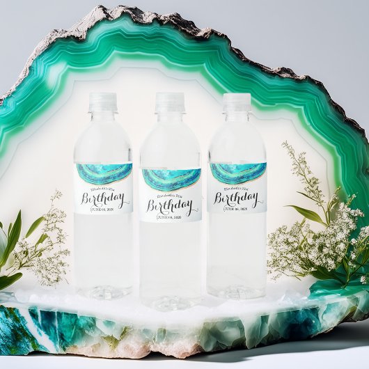 Blauwgroen Waterverf van Birthday Party & Gold Aga Waterfles Etiket