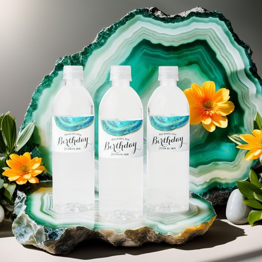 Blauwgroen Waterverf van Birthday Party & Gold Aga Waterfles Etiket