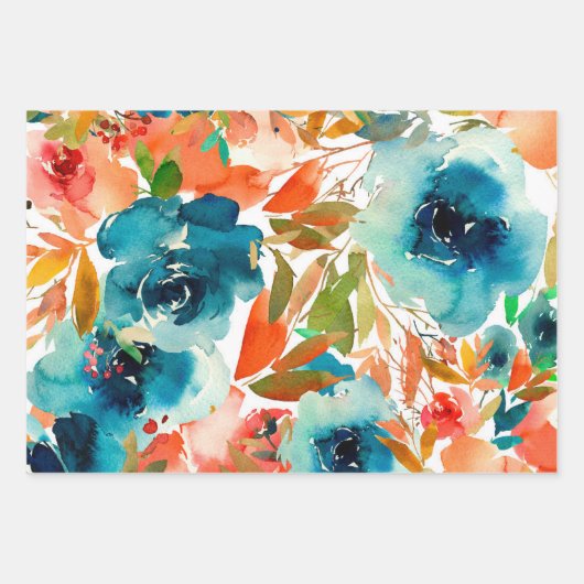 Blauwgroen Waterverf van Oranje koraal Inpakpapier Vel (Voorkant)