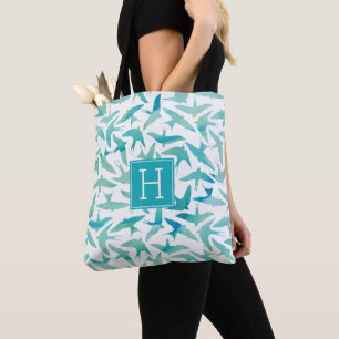 Blauwgroen Waterverf vogelpatroon Tote Bag