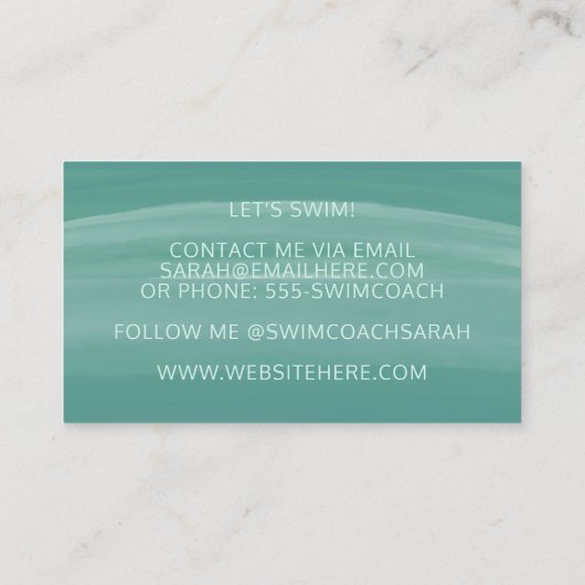 Blauwgroen Waterverf Waves Moderne Zwembus Visitekaartje (Achterkant)