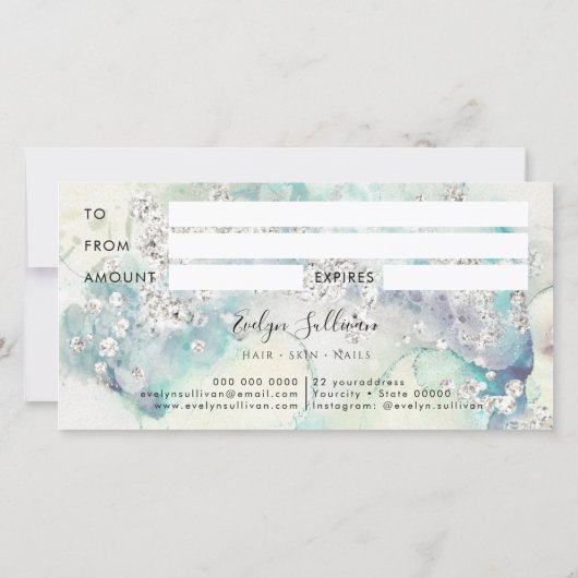Blauwgroen waterverf zilveren glitter cadeaubon (Achterkant)