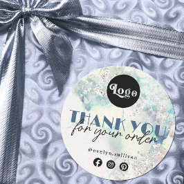 Blauwgroen waterverf zilveren glitter dank u stick ronde sticker