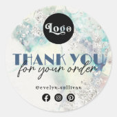 Blauwgroen waterverf zilveren glitter dank u stick ronde sticker (Voorkant)