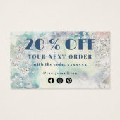 Blauwgroen waterverf zilveren glitterkaart visitekaartje (Achterkant)