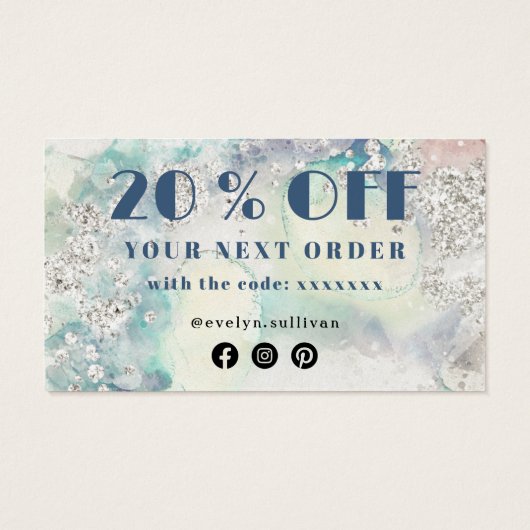 Blauwgroen waterverf zilveren glitterkaart visitekaartje (Achterkant)