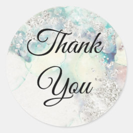 Blauwgroen waterverf zilverglitter ronde sticker